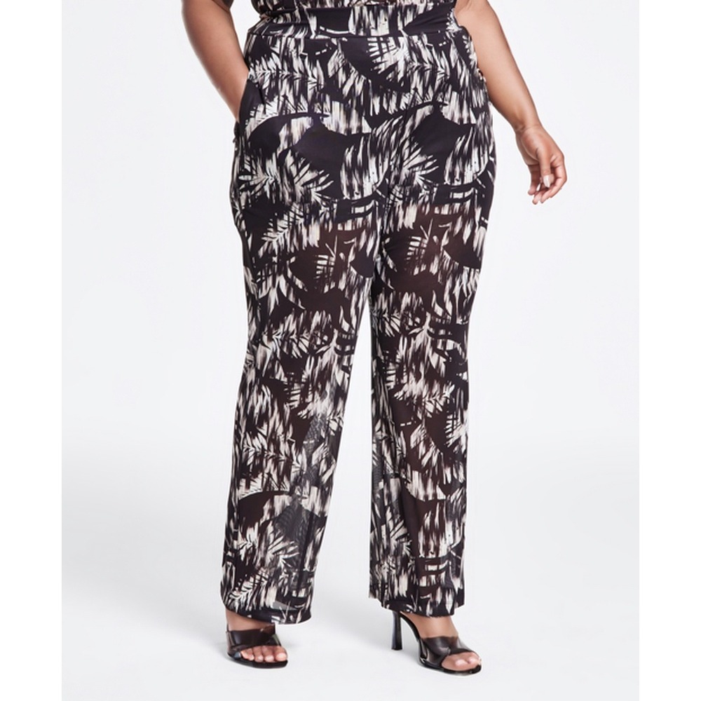 Nina Parker Pants‎ Womens Plus 4X Black Multi Wide Leg Trouser Palm Tropical NWT